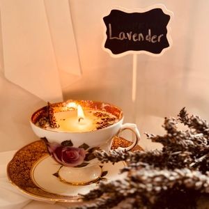 Handmade beautiful teacup lavender candle.
